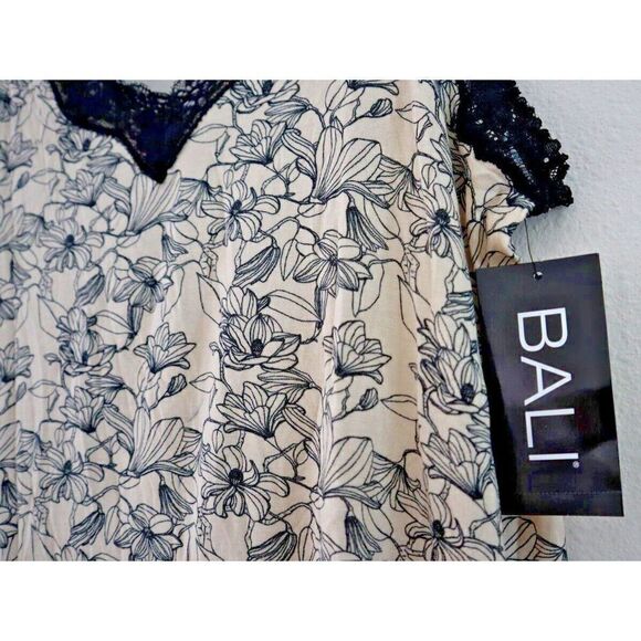 Bali 518323 Women's Sz M Cream Floral Print Lace Trim Rayon Blend Stretchy Dress - Picture 4 of 8